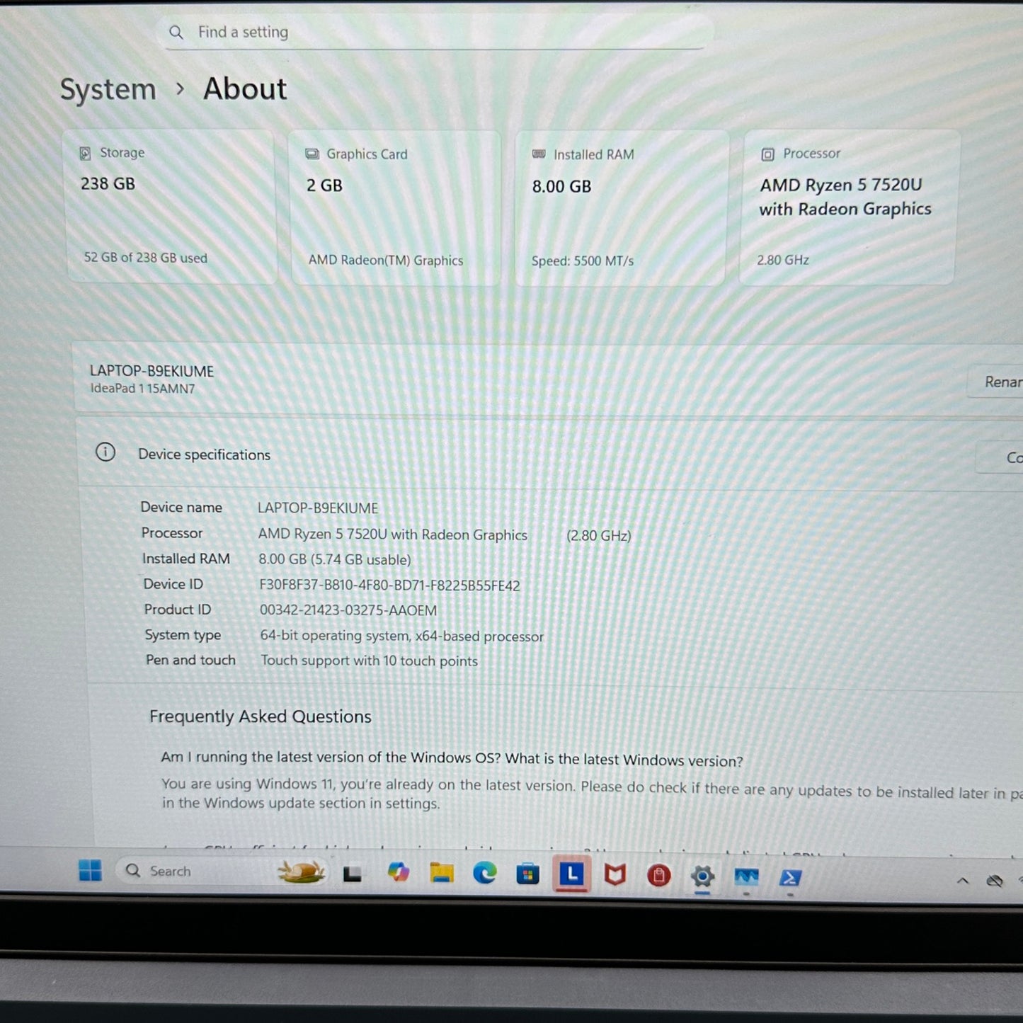Lenovo IdeaPad 1 15AMN7 82VG00TYUS 15.6" Ryzen 5 7520U 2.8GHz 8GB RAM 256GB SSD