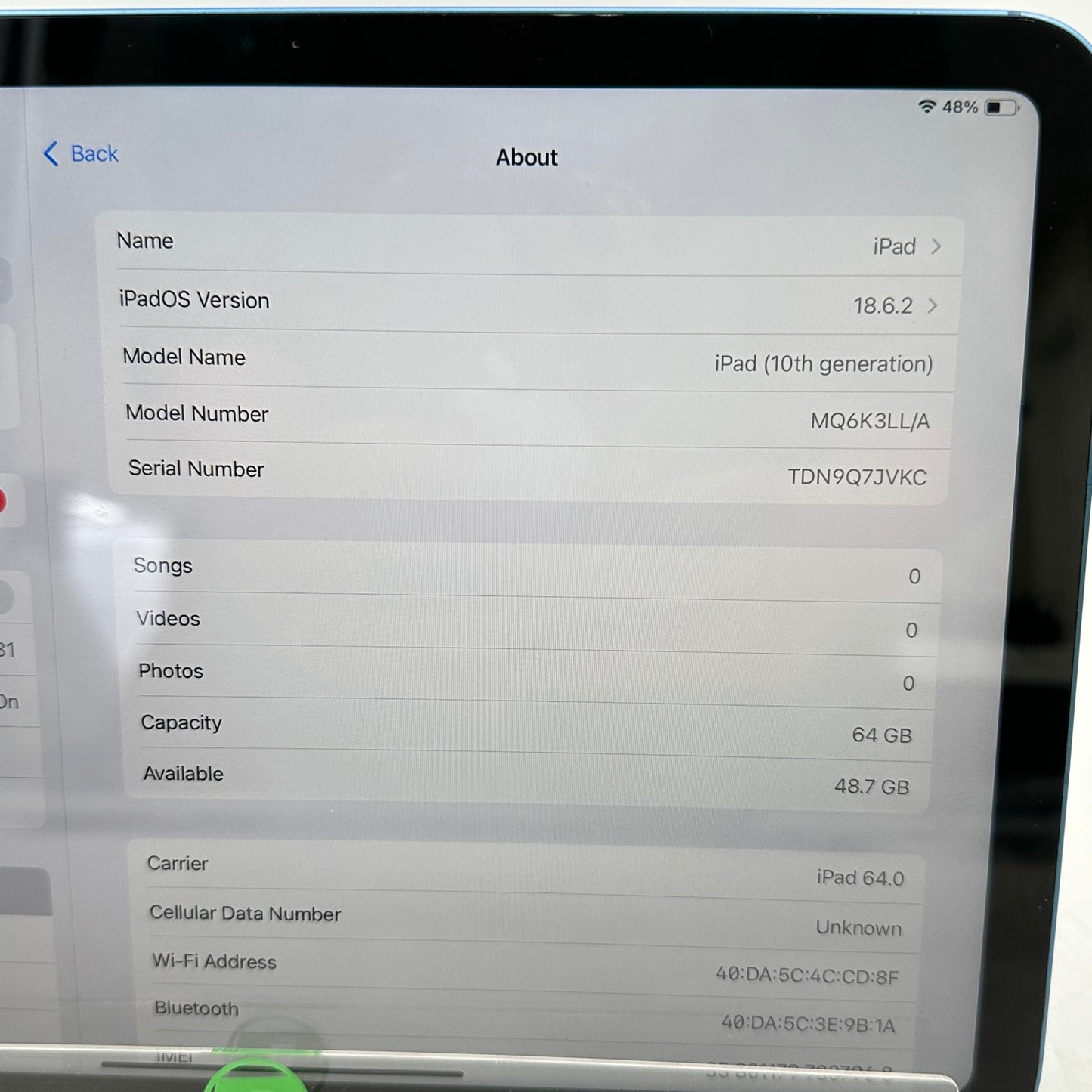 WiFi Only Apple iPad 10th Gen 64GB 18.6.2 Blue MQ6K3LL/A