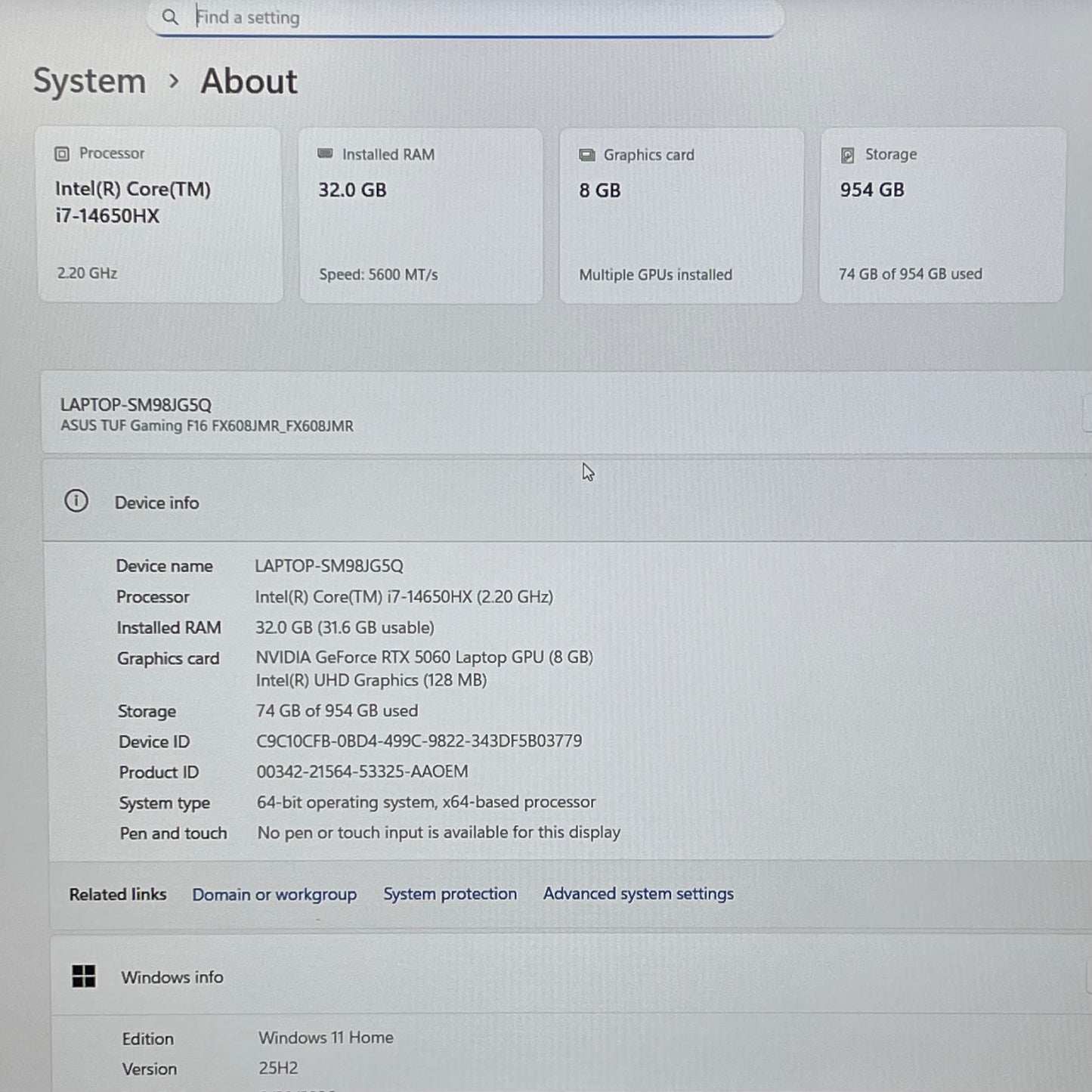 Asus TUF F16 FX608J 16" i7-14650HX 2.2GHz 32GB RAM 1TB SSD GeForce RTX 5060