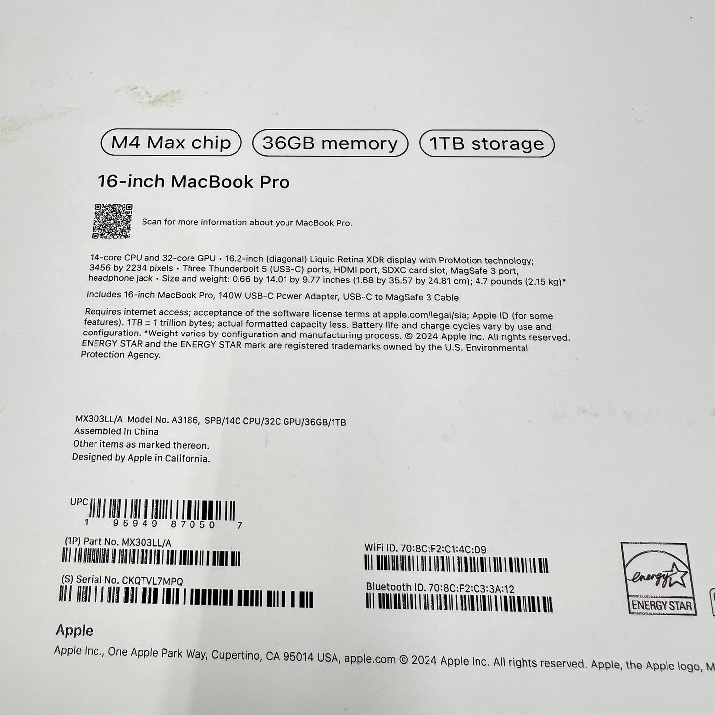 2024 Apple MacBook Pro 16" M4 Max 32C GPU 4.5GHz 36GB RAM 1TB SSD MX303LL/A