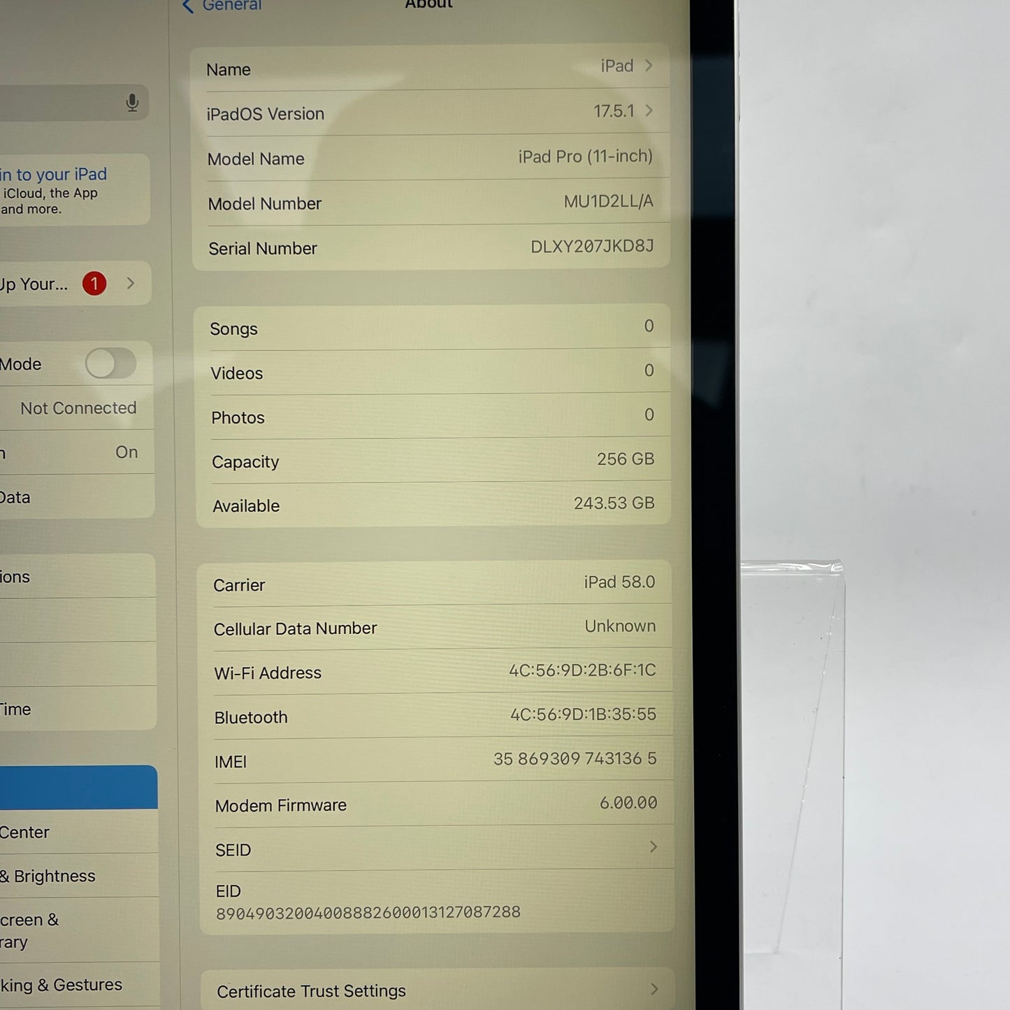 WiFi Only Apple iPad Pro 11" 1st Gen 256GB Silver MU1D2LL/A