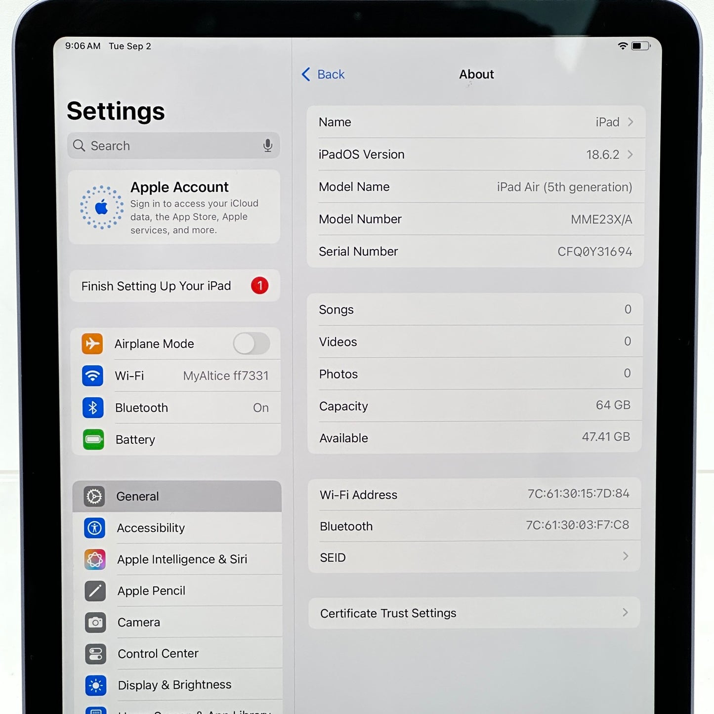 WiFi Only Apple iPad Air 5th Gen 64GB Purple MME23X/A