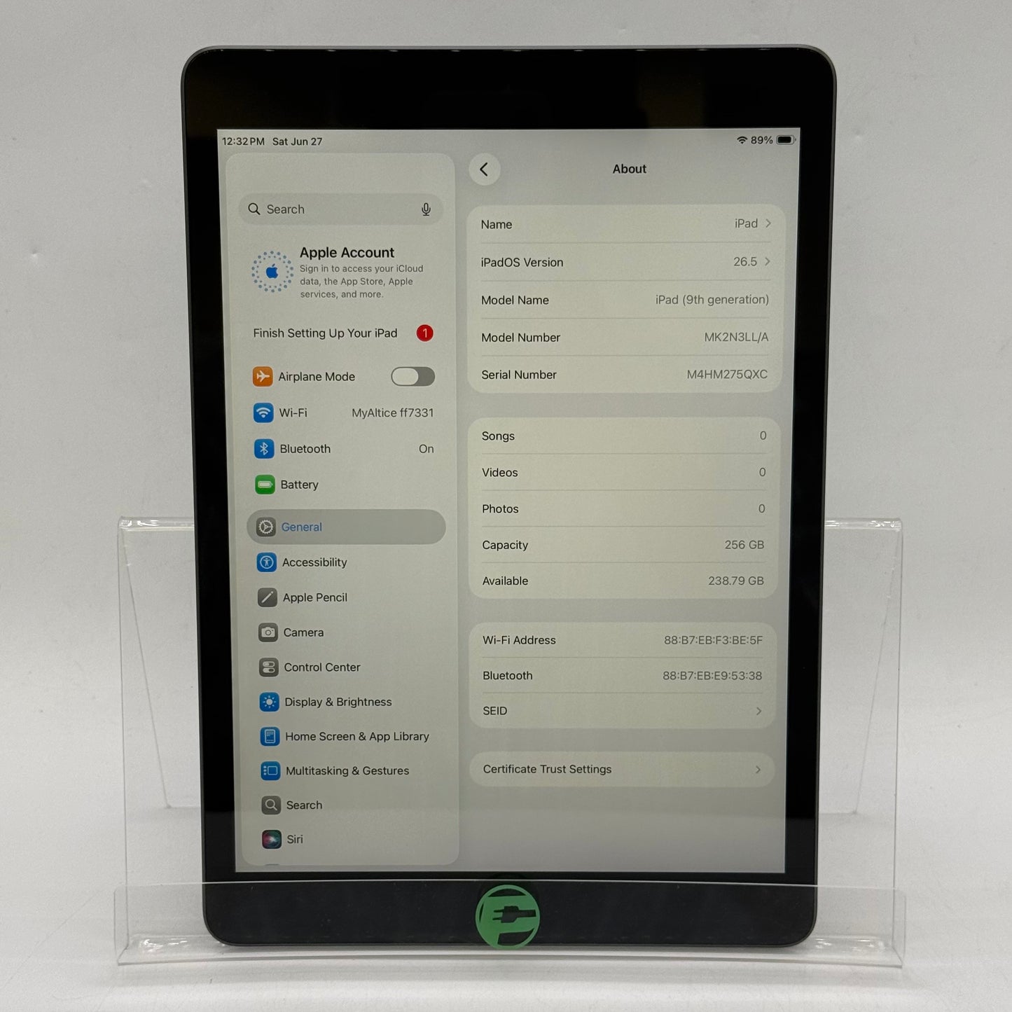 WiFi Only Apple iPad 9th Gen 256GB Space Gray MK2N3LL/A