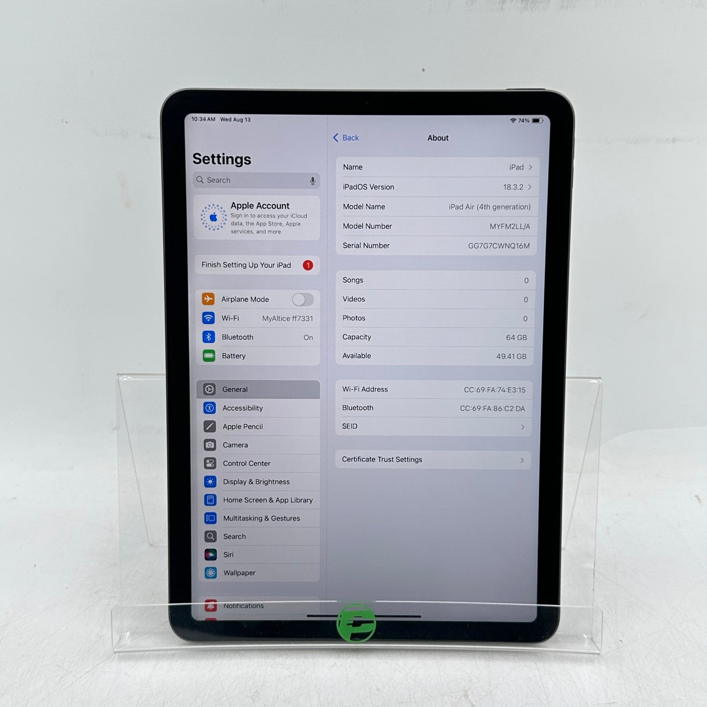 WiFi Only Apple iPad Air 4th Gen 64GB Space Gray MYFM2LL/A