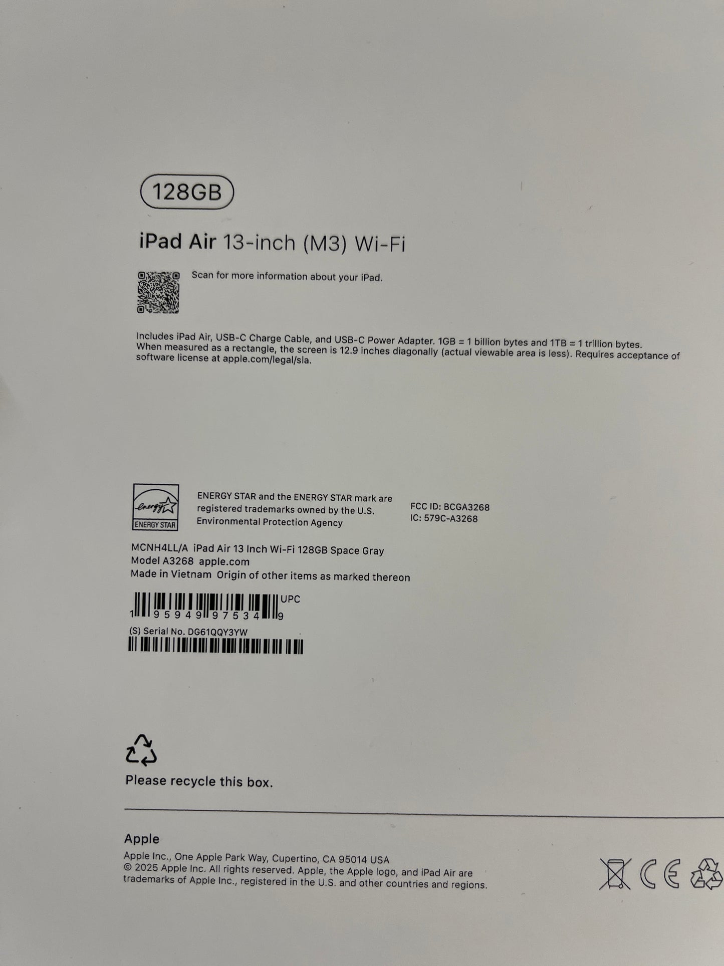 WiFi Only Apple iPad Air 13" M3 128GB Space Gray MCNH4LL/A