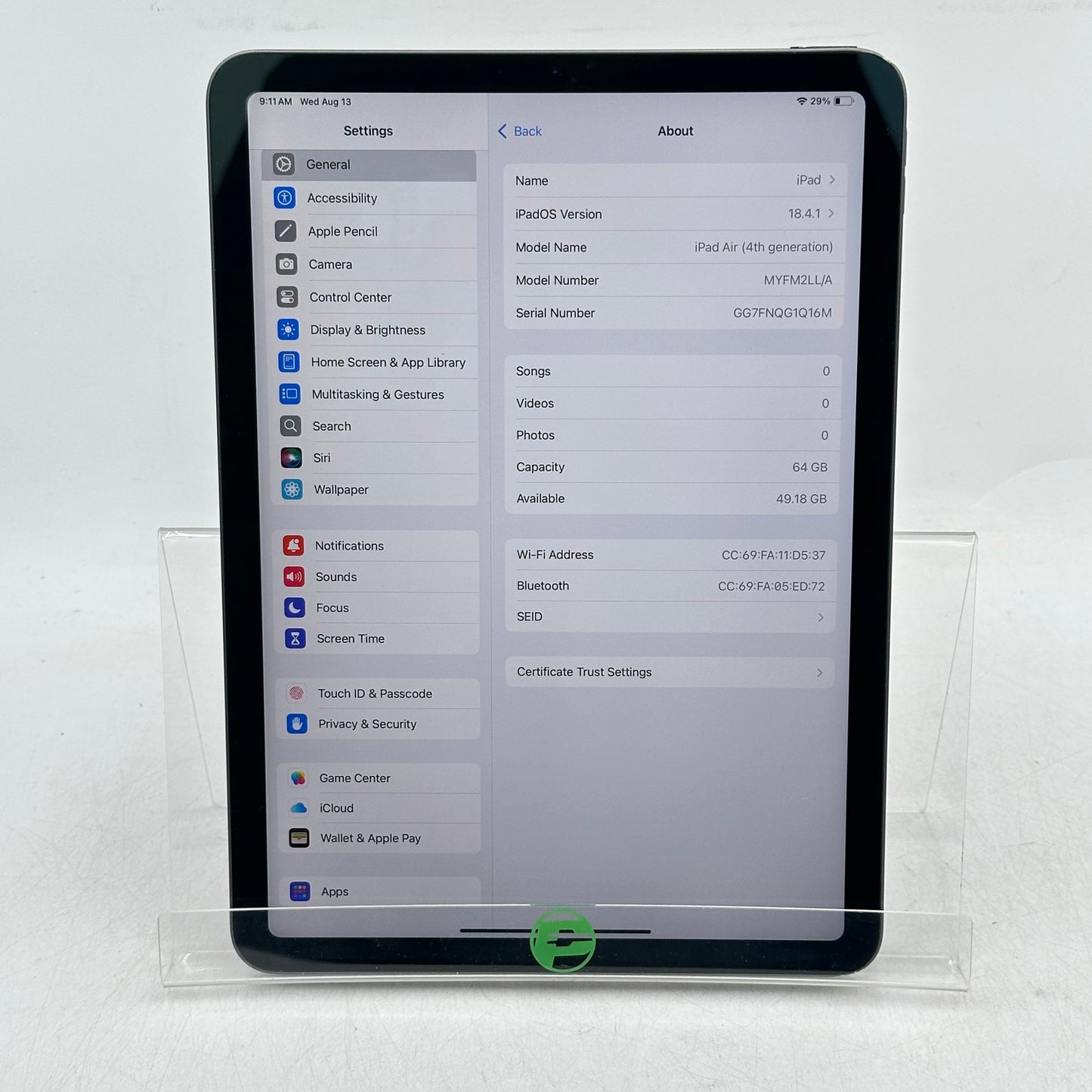 WiFi Only Apple iPad Air 4th Gen 64GB Space Gray MYFM2LL/A