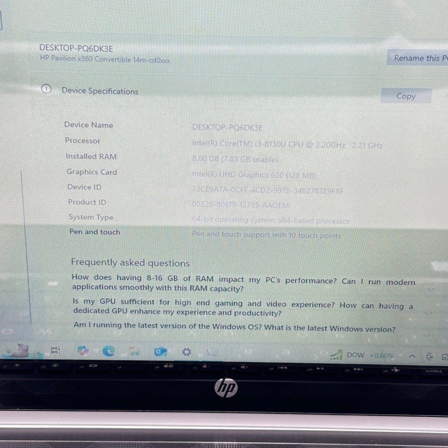 HP Pavilion x360 Convertible 14M-cd005dx i3-8130U 2.2GHz 8GB RAM 256GB HDD READ