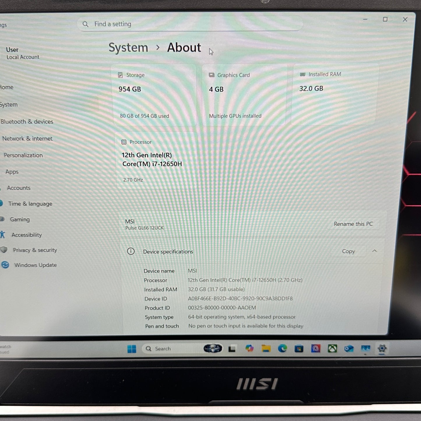 MSI Pulse GL66 12UCK-468 15.6" i7-12650H 2.7GHz 32GB RAM 1TB SSD GeForce RTX3050