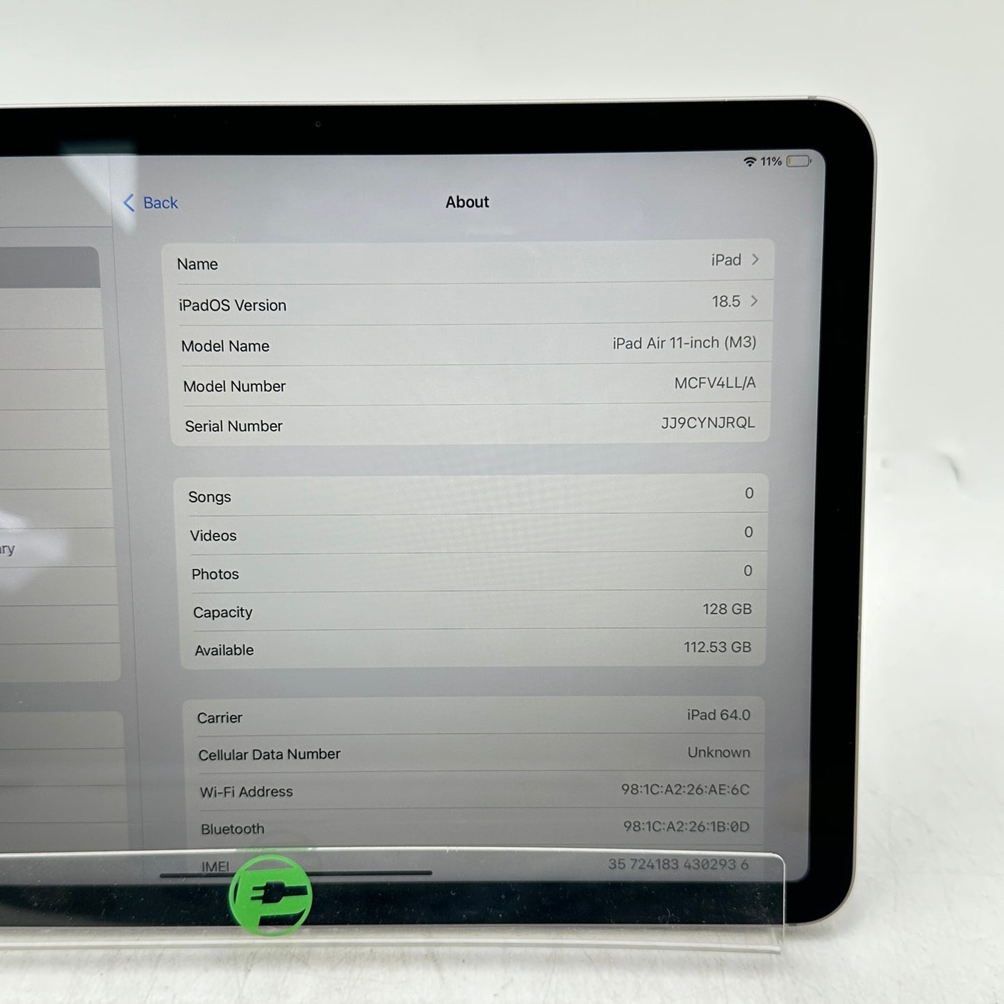 WiFi Only Apple iPad Air 11" M3 128GB Silver MCFV4LL/A Mint