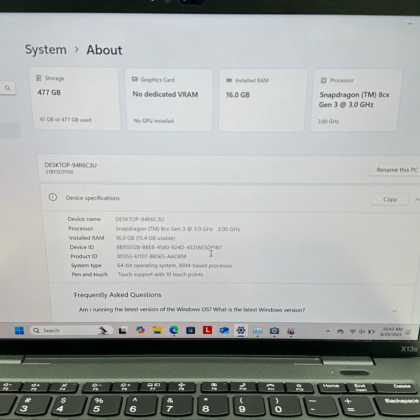 Lenovo X13s Gen 1 21BY 13.3" Snapdragon 8cx 2.8GHz 16GB RAM 512GB SSD