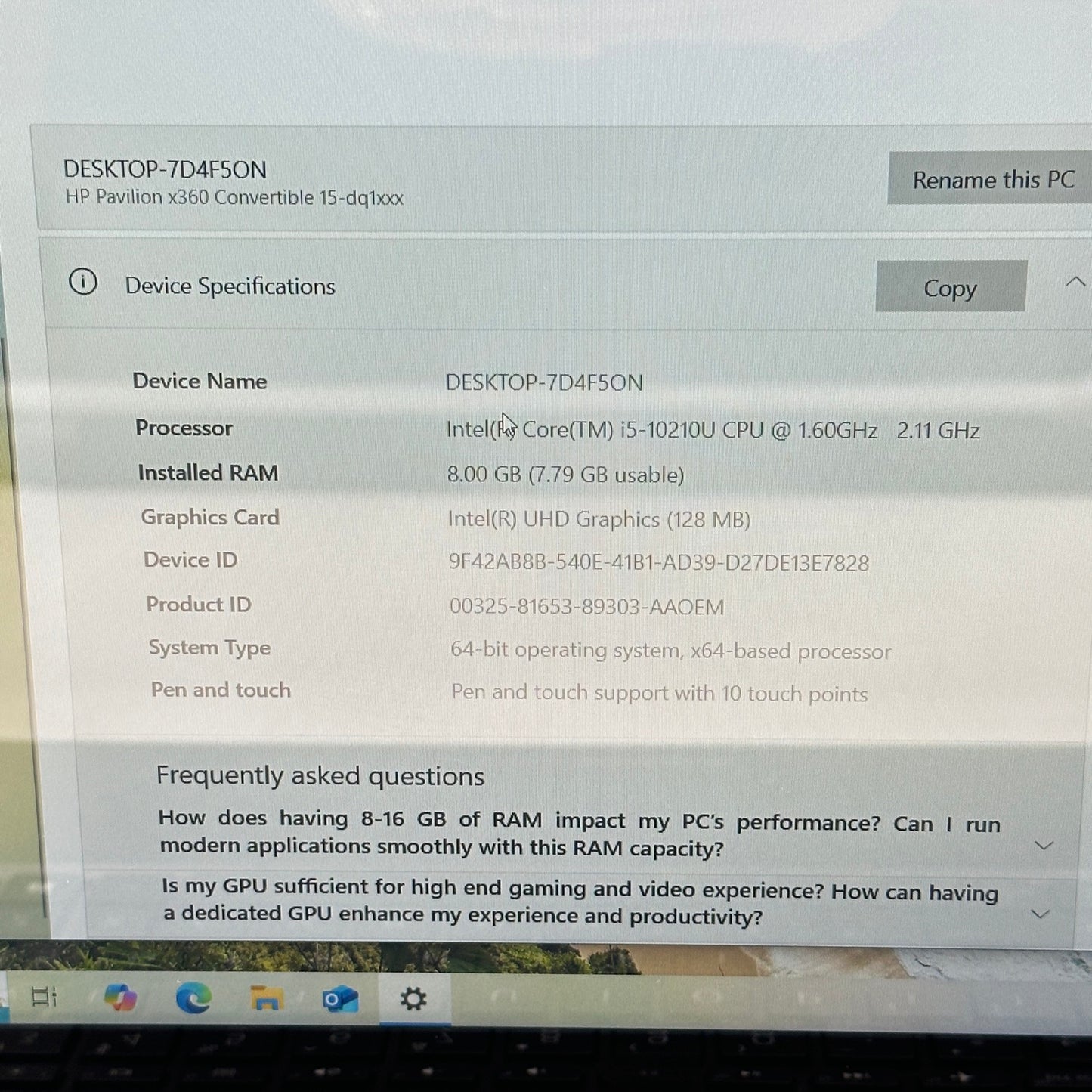 HP Pavilion x360 Convertible 15-dq1052nr 15.6" i5-10210U 8GB RAM 512GB SSD READ
