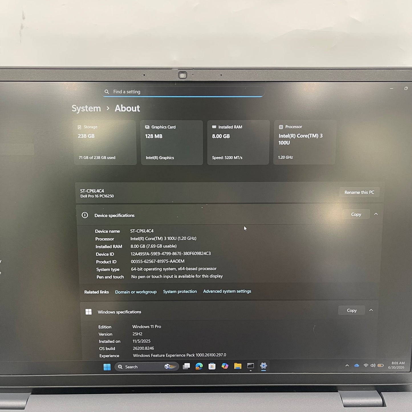 Dell Pro 16 PC16250 16" Core 3 100U 1.2GHz 8GB RAM 256GB SSD