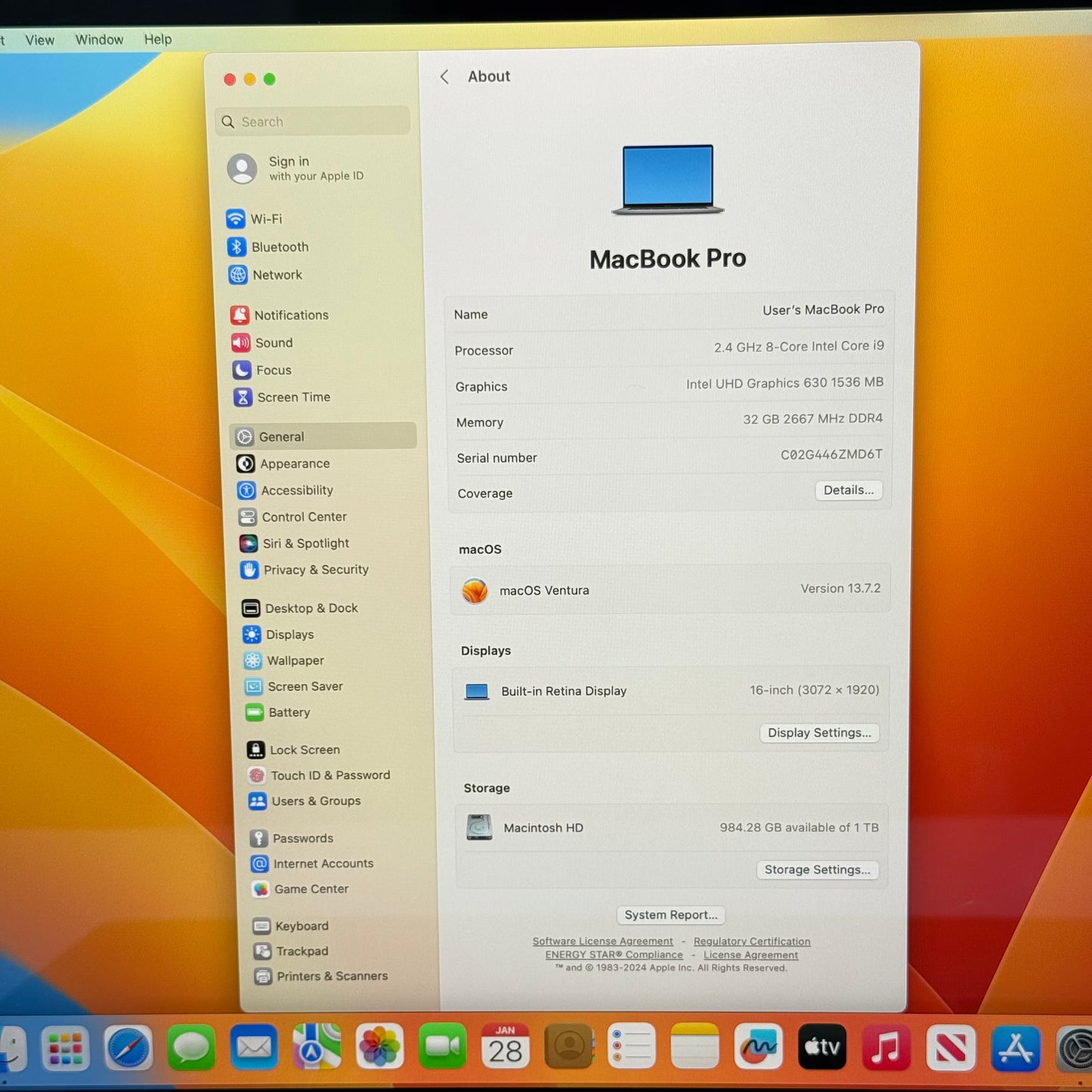 2019 Apple MacBook Pro 16" i9 2.4GHz 32GB RAM 1TB SSD Silver A2141