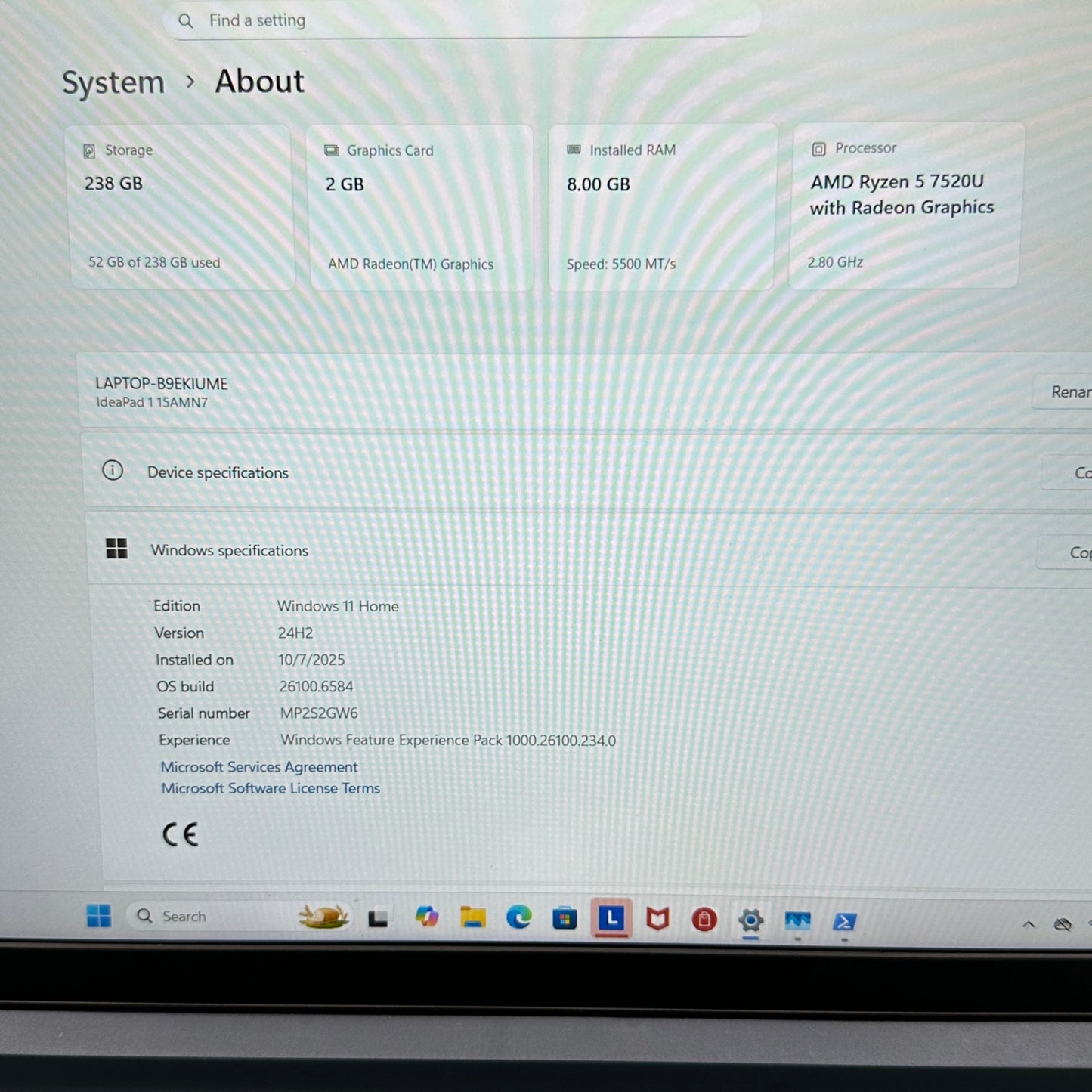 Lenovo IdeaPad 1 15AMN7 82VG00TYUS 15.6" Ryzen 5 7520U 2.8GHz 8GB RAM 256GB SSD