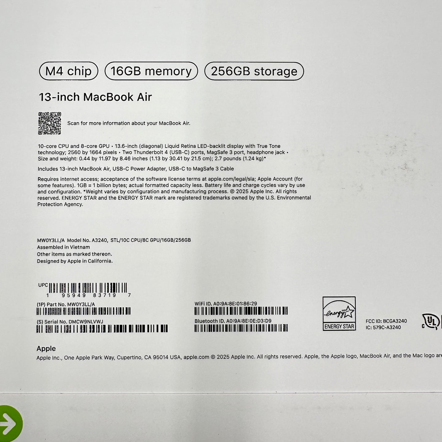New 2025 Apple MacBook Air 13.3" M4 8C GPU 4.5GHz 16GB RAM 256GB SSD MW0Y3LL/A