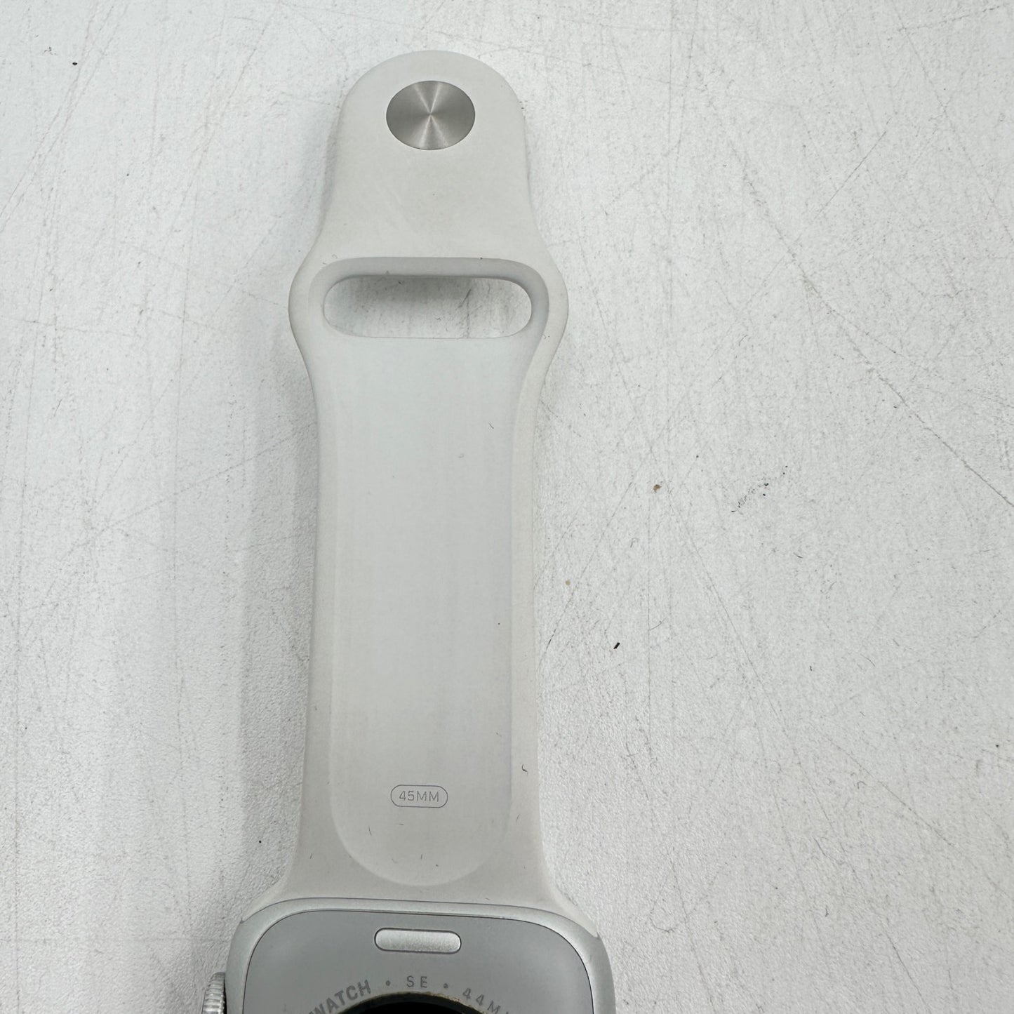 Unlocked Apple Watch SE 2nd Gen 44MM Silver Aluminum w/ White Sport Band MNU13LL/A