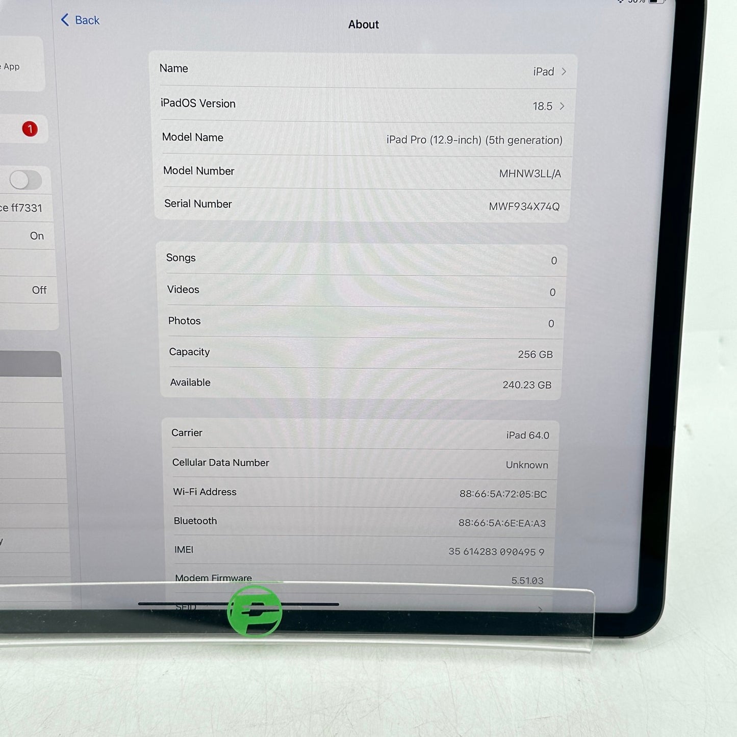 Unlocked Apple iPad Pro 12.9" 5th Gen 256GB Silver MHNW3LL/A