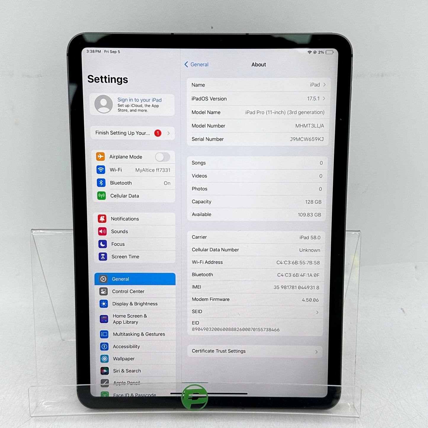 Factory Unlocked Apple iPad Pro 11" 3rd Gen 128GB Space Gray A2301