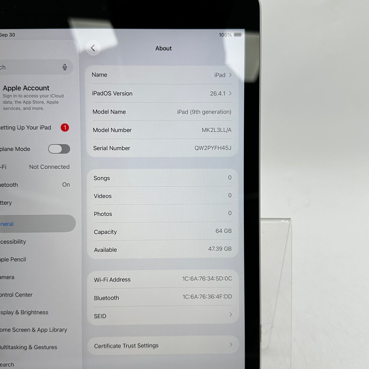 WiFi Only Apple iPad 9th Gen 64GB Silver MK2L3LL/A