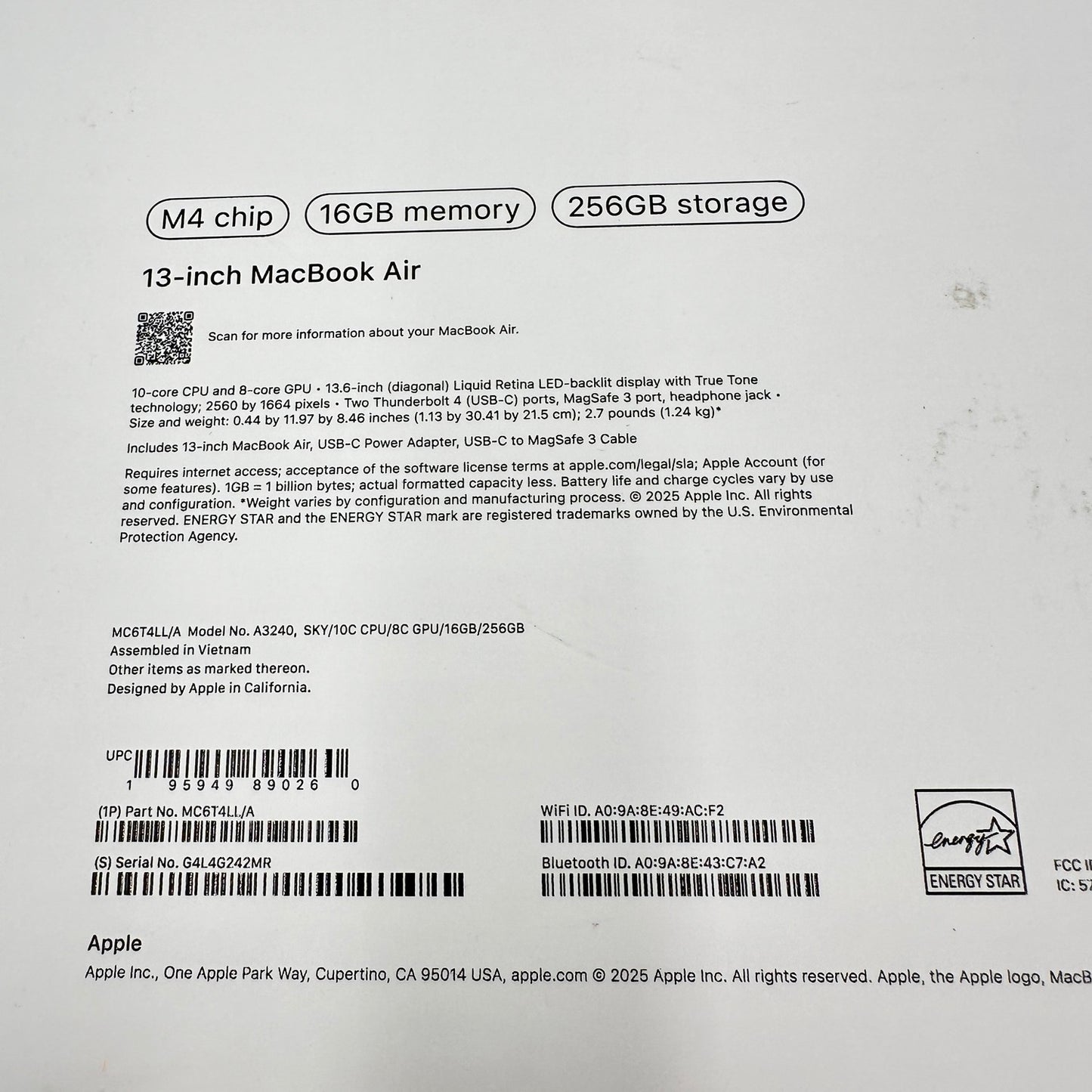 2025 Apple MacBook Air 13.3" M4 8C GPU 4.5GHz 16GB RAM 256GB SSD MCT64LL/A