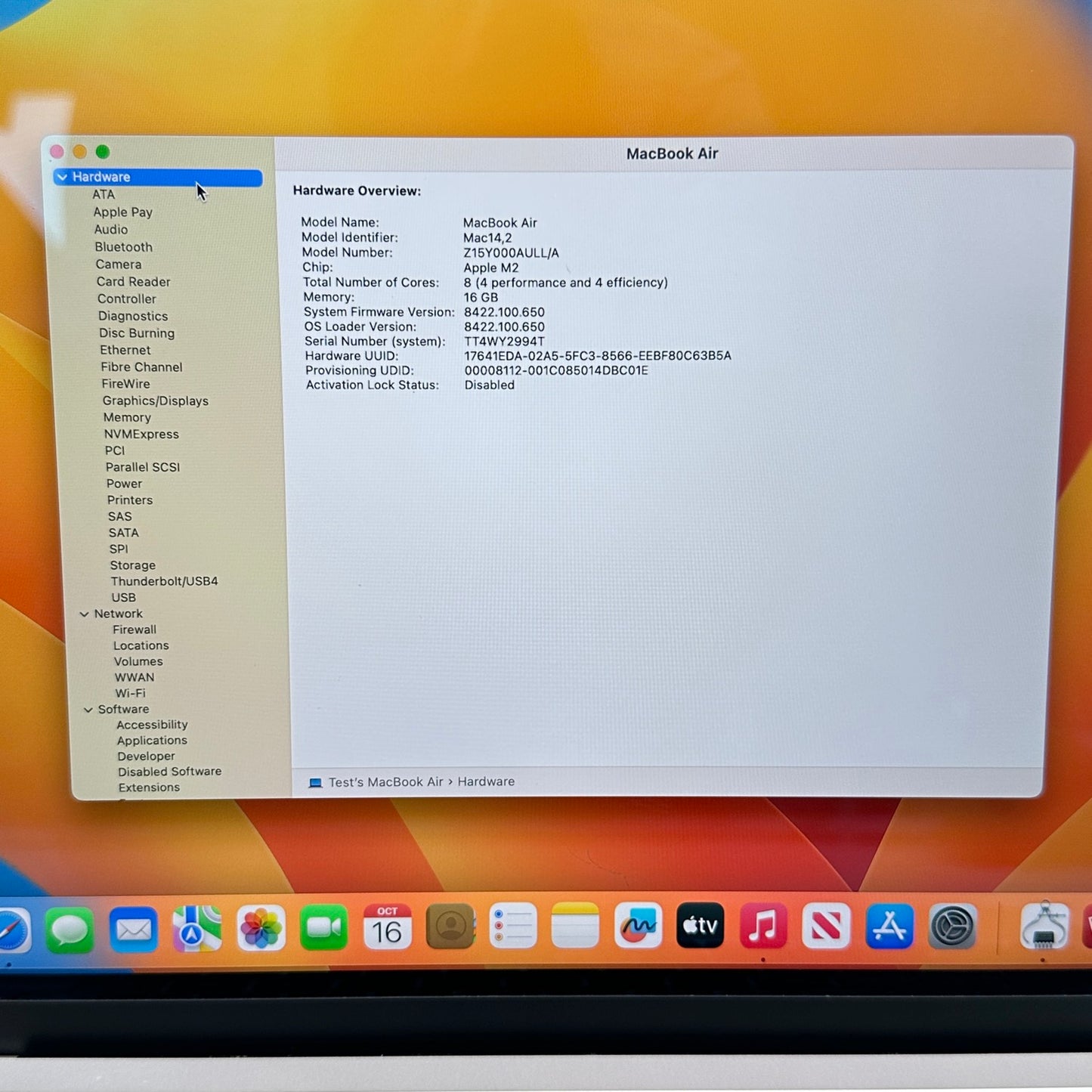 2022 Apple MacBook Air 13.6" M2 8C GPU 3.5GHz 16GB RAM 256GB SSD A2681