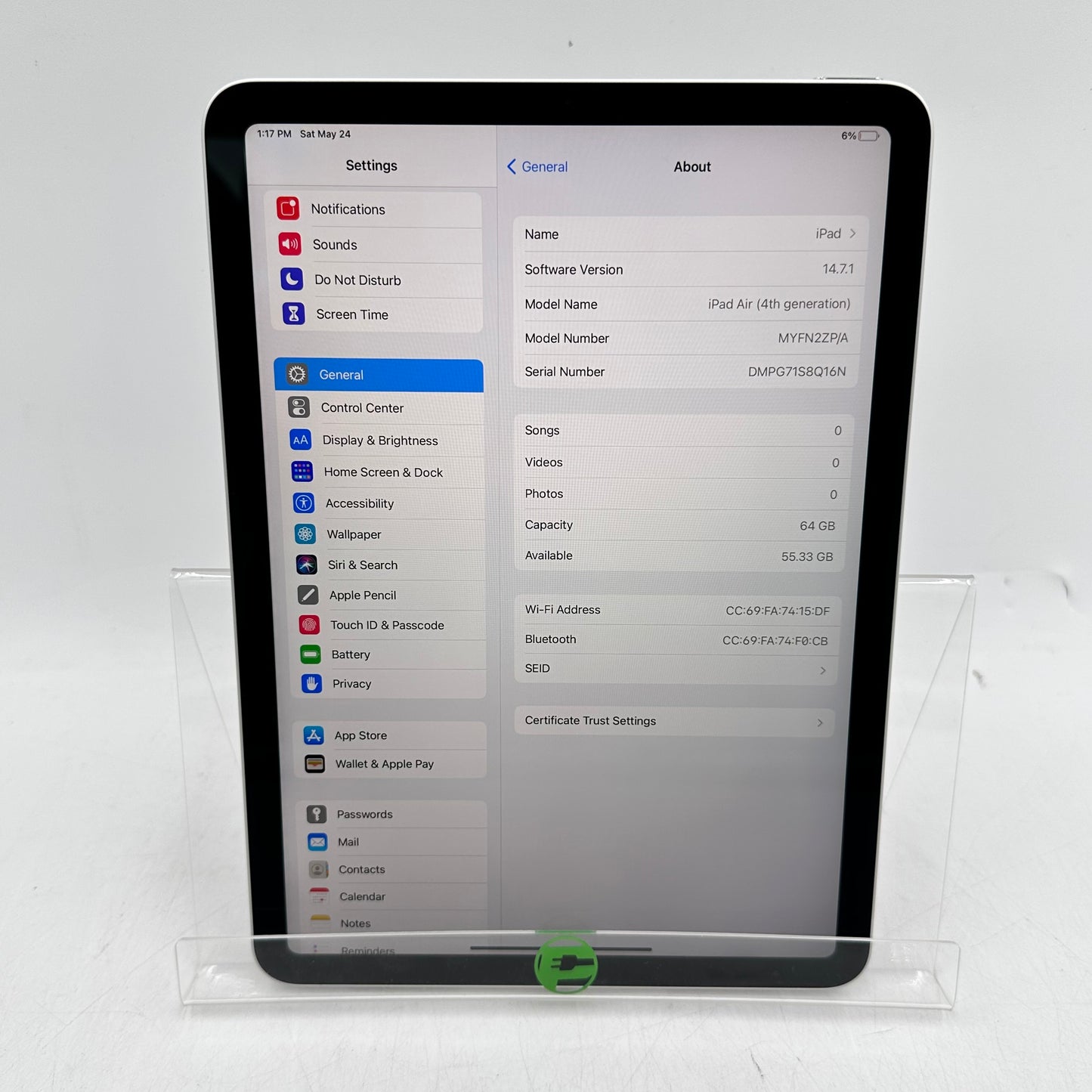 WiFi Only Apple iPad Air 4th Gen 64GB Silver MYFN2ZP/A