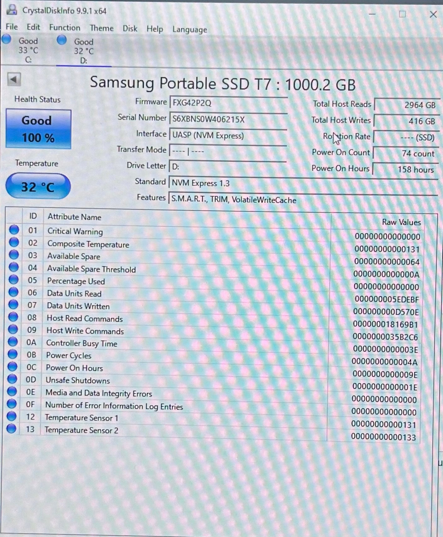 Samsung Portable T7 1TB USB-C to USB-C SSD MU-PC1T0T