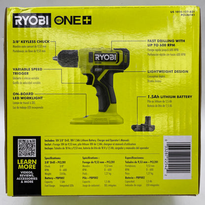 New Ryobi PCL201K1 18V 3/8" Drill Kit
