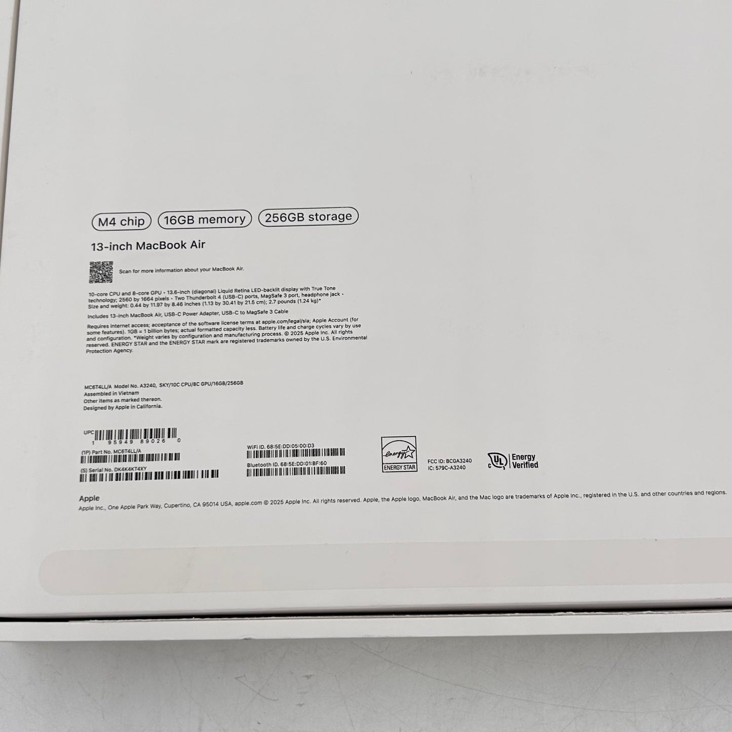 2025 Apple MacBook Air 13" M4 8C GPU 4.5GHz 16GB RAM 256GB SSD MC6T4LL/A