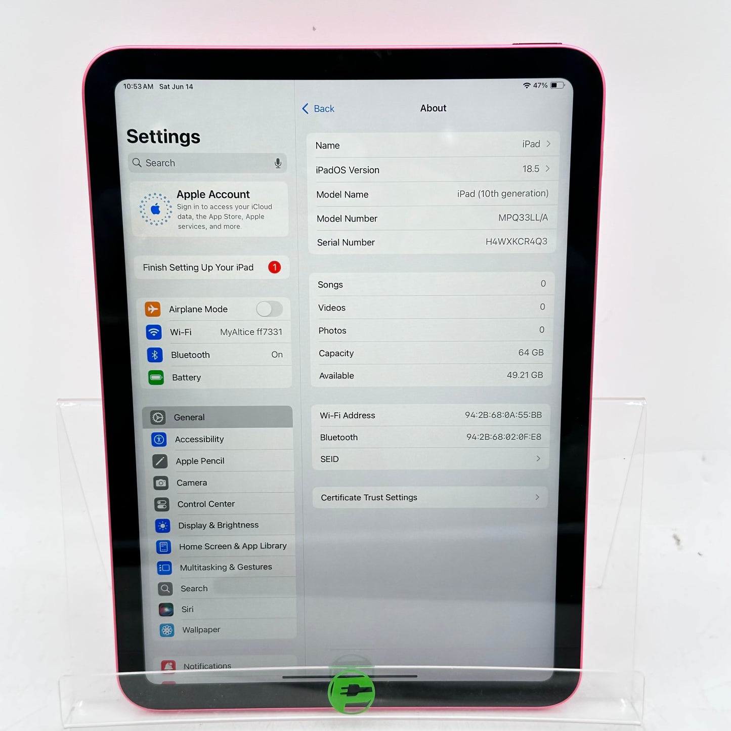 WiFi Only Apple iPad 10th Gen 64GB Pink MPQ33LL/A + Wrnty