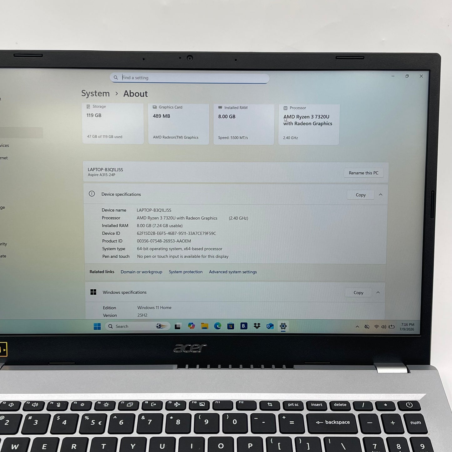 Broken Acer Aspire 3 15.6" Ryzen 3 7320U 2.4GHz 8GB RAM 128GB SSD Bad Battery