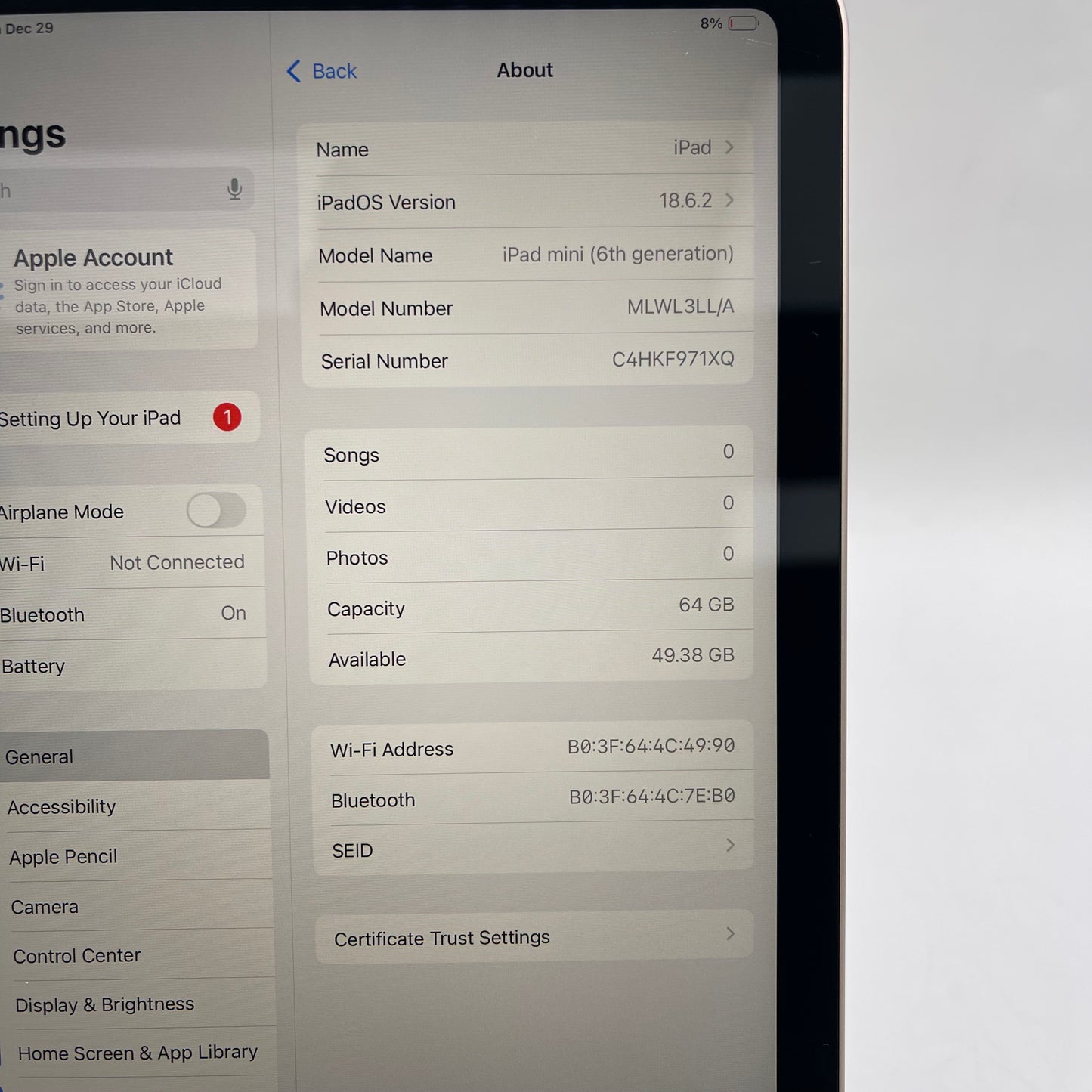 WiFi Only Apple iPad Mini 6th Gen 64GB Pink MLWL3LL/A