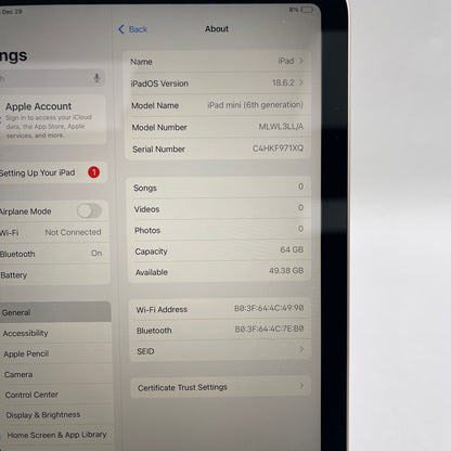 WiFi Only Apple iPad Mini 6th Gen 64GB Pink MLWL3LL/A