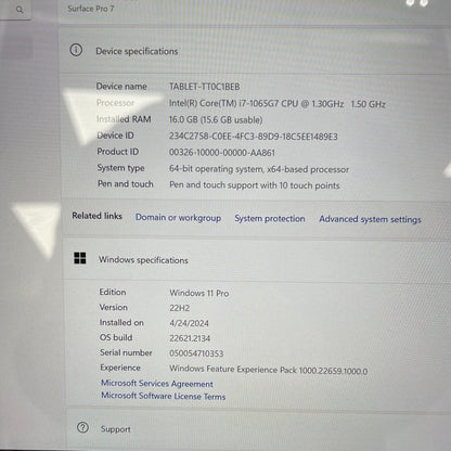 Microsoft Surface Pro 7 1866 12.3" i7-1065G7 1.3GHz 16GB RAM 256GB SSD