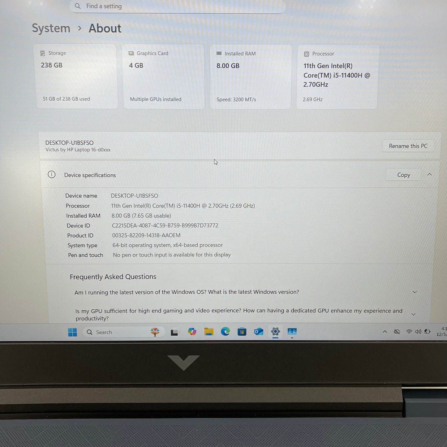 HP Victus 16-D0013DX 16.1 i5-11400H 2.7GHz 8GB RAM 256GB SSD GeForce RTX 3050