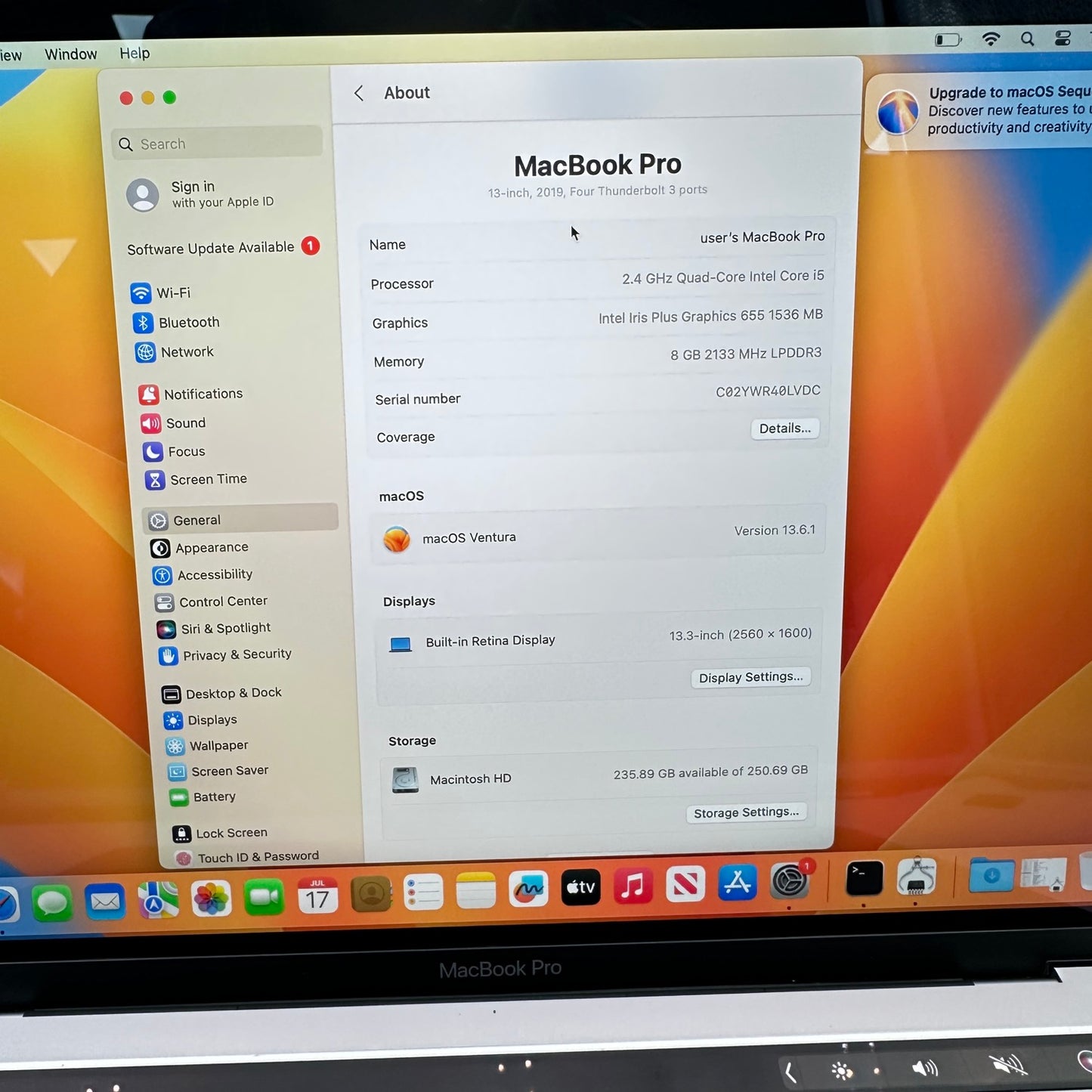 2019 Apple MacBook Pro 13.3" i5 2.4GHz 8GB RAM 256GB SSD Space Gray A1989