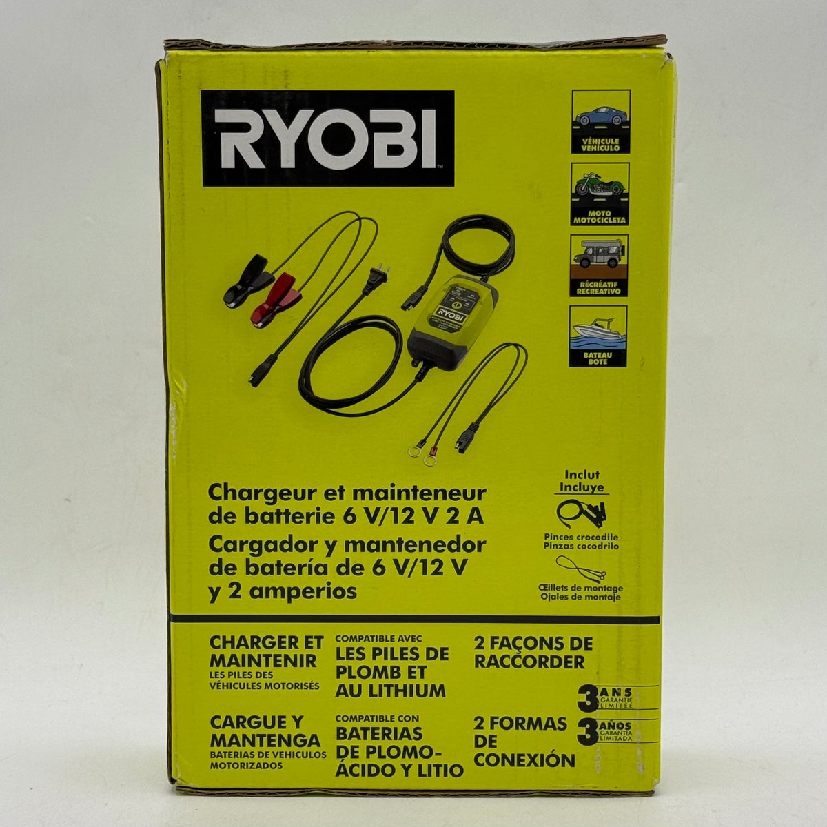 New Ryobi AC0i2001 6V/12V 2 Amp Battery Charger & Maintainer