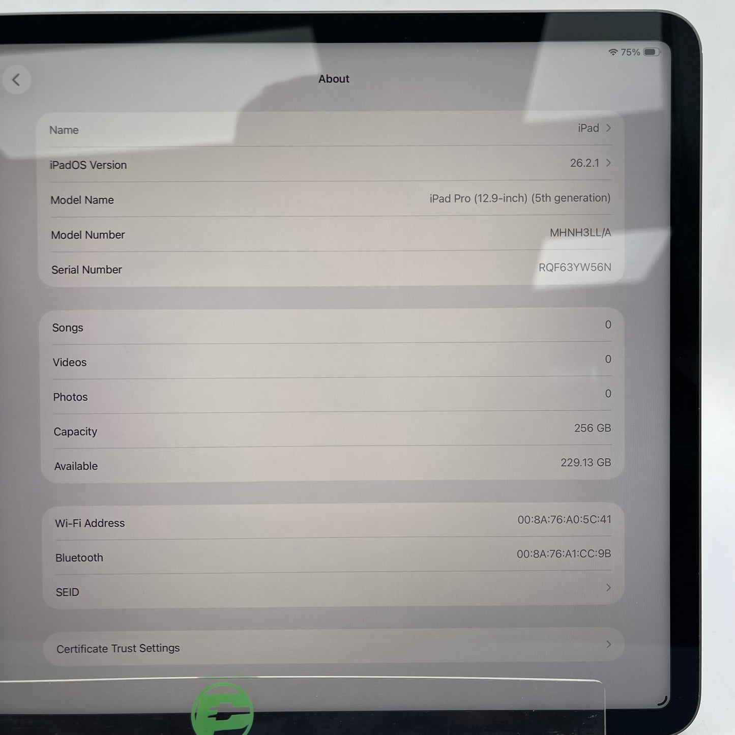 WiFi Only Apple iPad Pro 12.9" 5th Gen 256GB Space Gray MHNH3LL/A