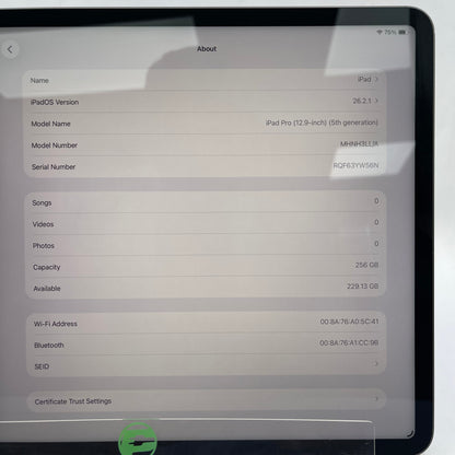 WiFi Only Apple iPad Pro 12.9" 5th Gen 256GB Space Gray MHNH3LL/A