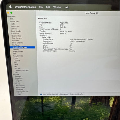 2024 Apple MacBook Air 13.6" M3 8C GPU 4.0GHz 8GB RAM 256GB SSD MRXV3LL/A