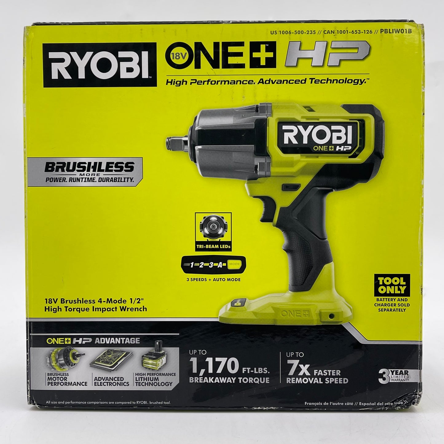 New Ryobi PBLIW01B 18V Brushless 4-Mode 1/2" High Torque Impact Wrench