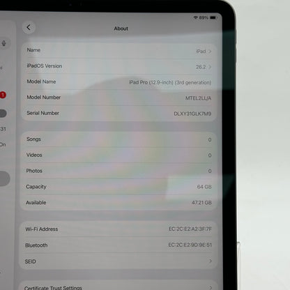 WiFi Only Apple iPad Pro 12.9" 3rd Gen 64GB Space Gray MTEL2LL/A