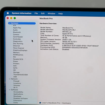 2021 Apple MacBook Pro 16" M1 Pro 16C GPU 3.2GHz 16GB RAM 1TB SSD A2485
