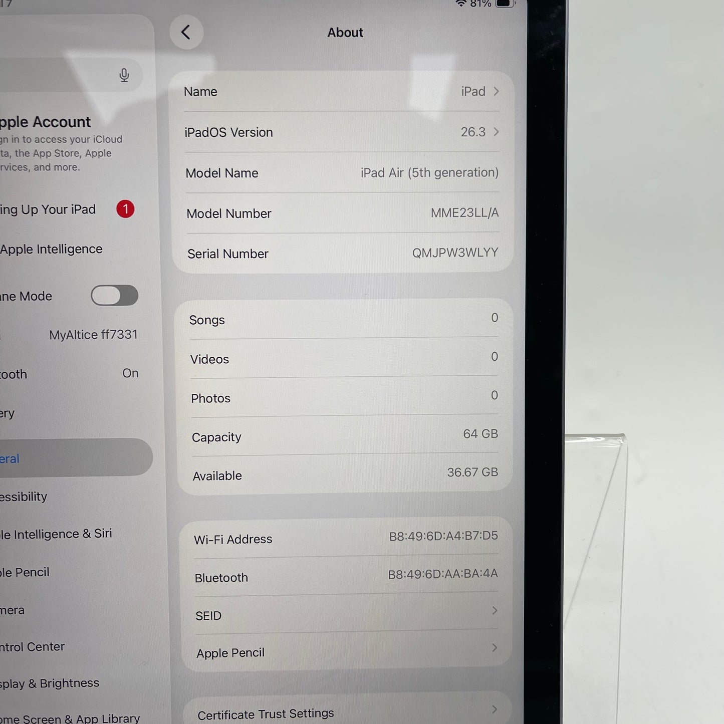 WiFi Only Apple iPad Air 5th Gen 64GB Purple MME23LL/A