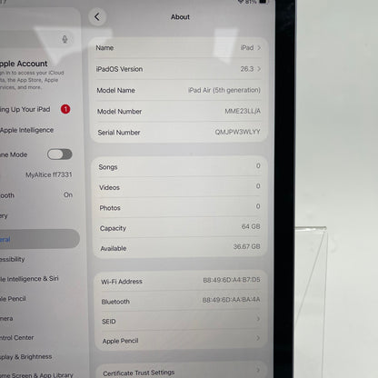WiFi Only Apple iPad Air 5th Gen 64GB Purple MME23LL/A