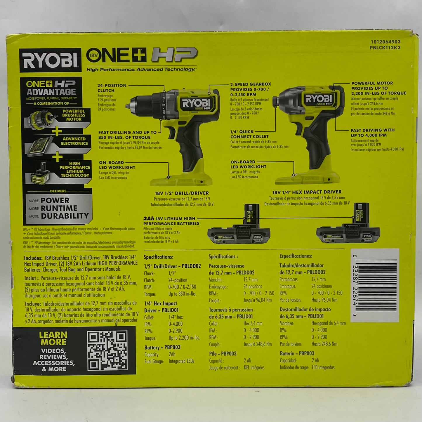 New Ryobi PBLCK112K2 18V Brushless 1/4" Hex Impact Driver 2 Tool Combo Kit