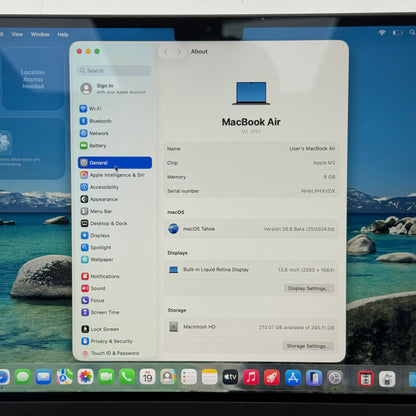 2022 Apple Macbook Air 13.6" M2 8C GPU 3.5GHz 8GB RAM 256GB SSD A2681