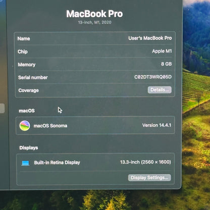 2020 Apple MacBook Pro 13.3" M1 8C GPU 3.2GHz 8GB RAM 256GB SSD A2338