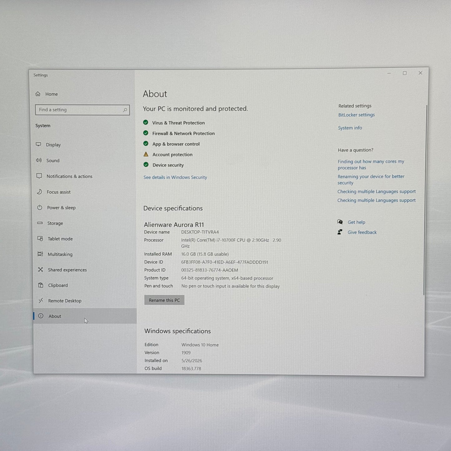 Alienware Aurora R11 Core i7-10700F 2.90GHz 16GB RAM 1TB HDD Nvidia GeForce RTX 2060