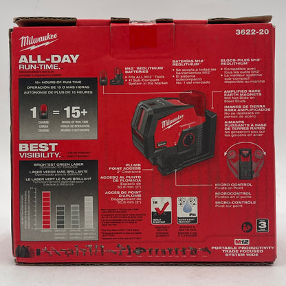 New Milwaukee 3622-20 M12 12V Green Laser Cross Line & Plumb Points